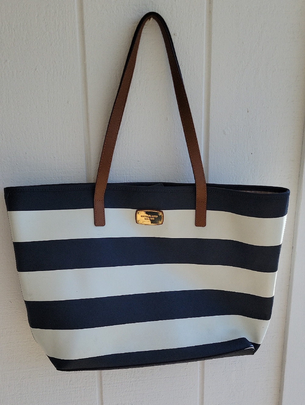 Michael Kors Navy, White & Tan Striped Tote